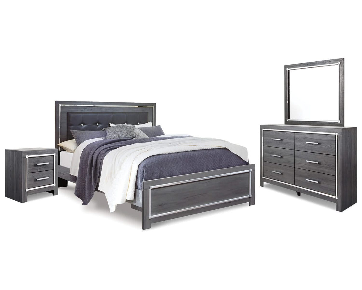 Lodanna King Upholstered Panel Bed, Dresser, Mirror and Nightstand