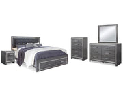 Lodanna King Upholstered Storage Bed, Dresser, Mirror, Chest and Nightstand
