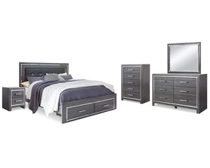 Lodanna King Upholstered Storage Bed, Dresser, Mirror, Chest and Nightstand