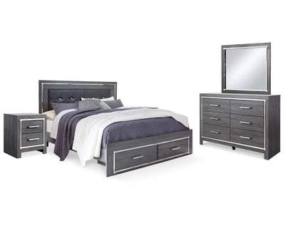 Cama King Lodanna con almacenaje, tocador, espejo y dos mesitas de noche