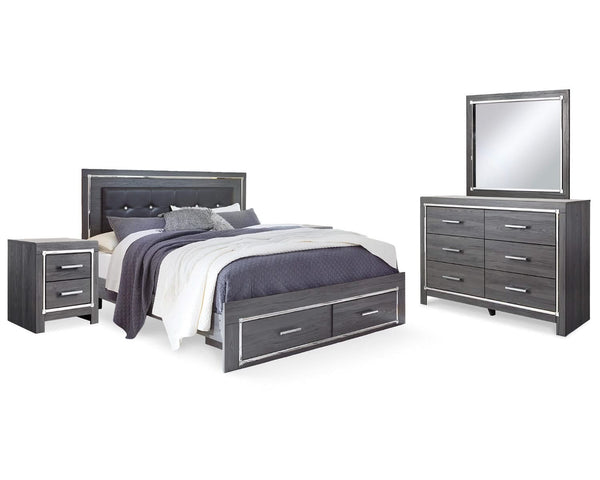 Cama King Lodanna con almacenaje, tocador, espejo y dos mesitas de noche