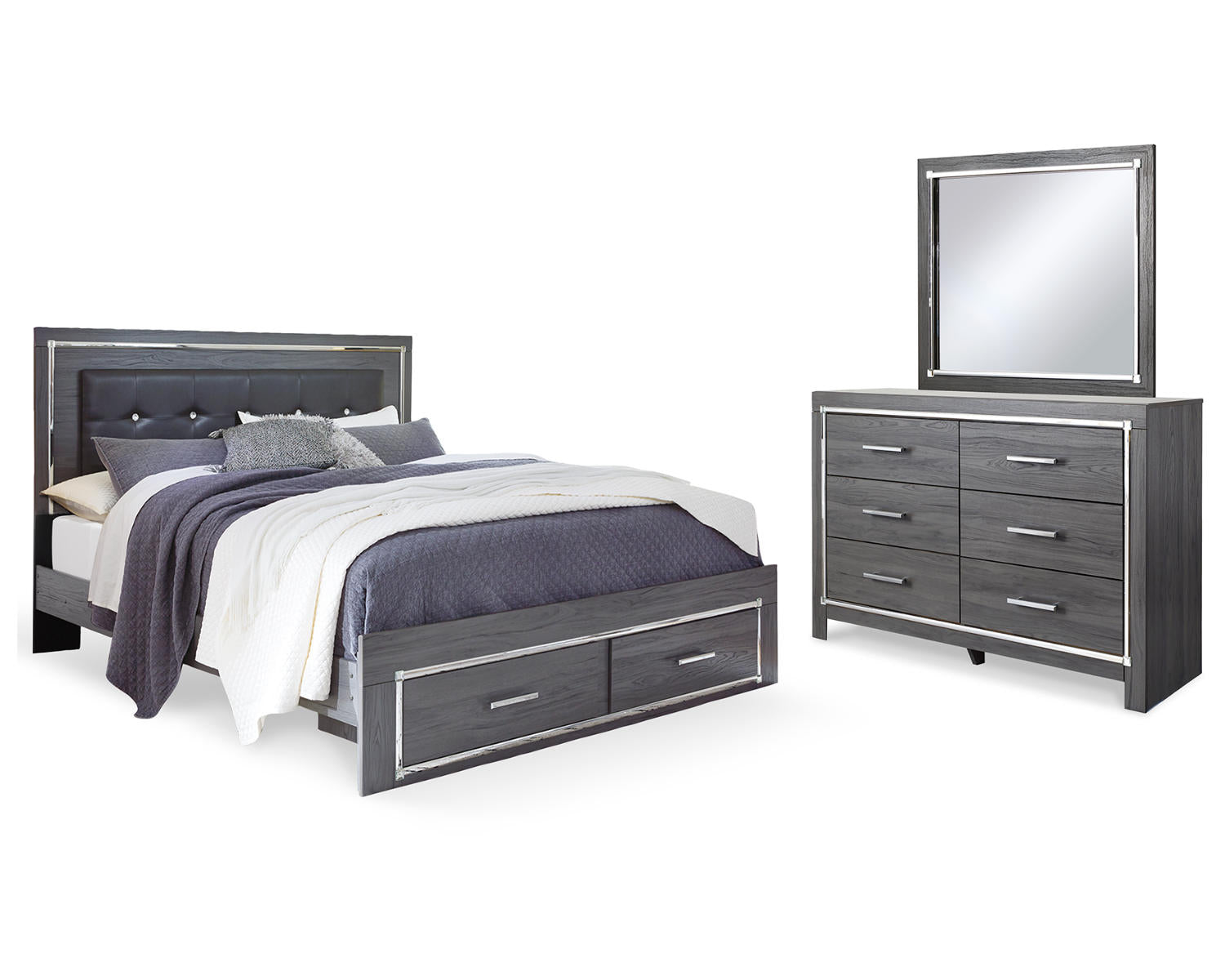 Lodanna King Upholstered Storage Bed, Dresser and Mirror