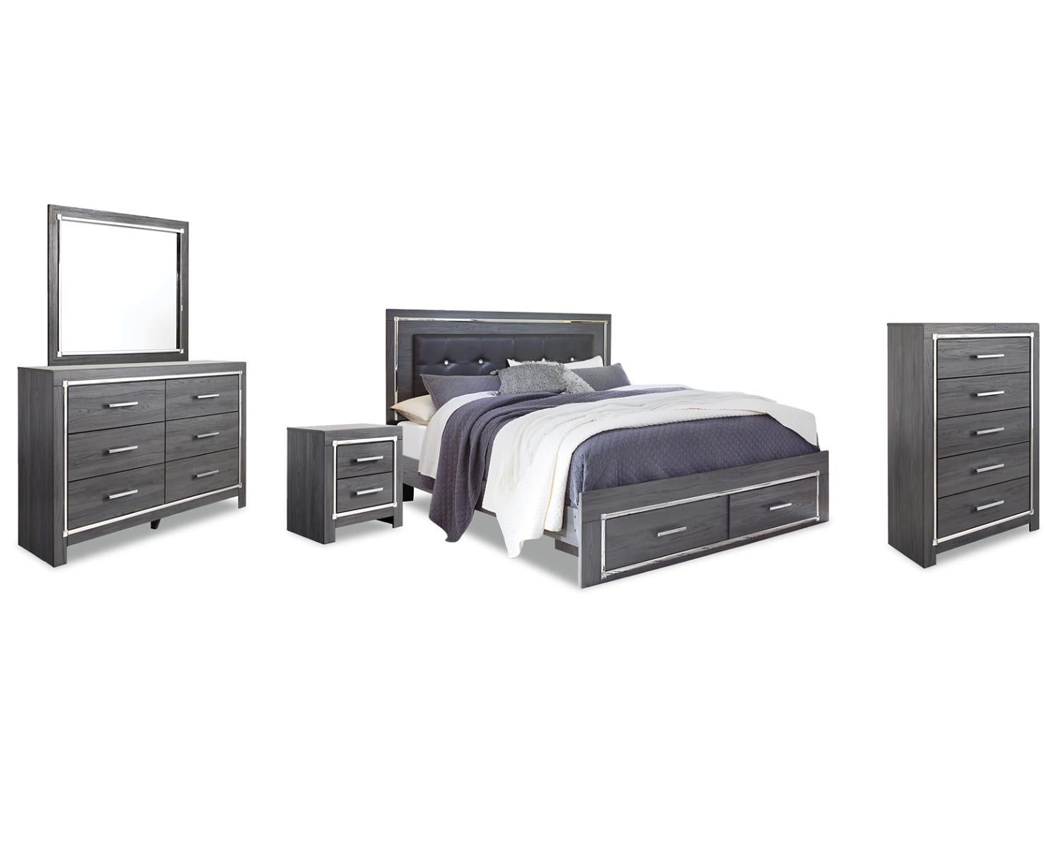 Lodanna King Upholstered Storage Bed, Dresser, Mirror, Chest, and Nightstand