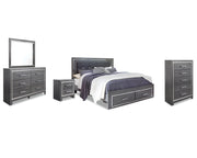 Lodanna King Upholstered Storage Bed, Dresser, Mirror, Chest, and Nightstand