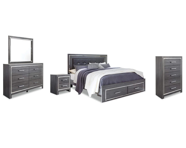Cama King tapizada con almacenaje, tocador, espejo, cómoda y mesita de noche Lodanna