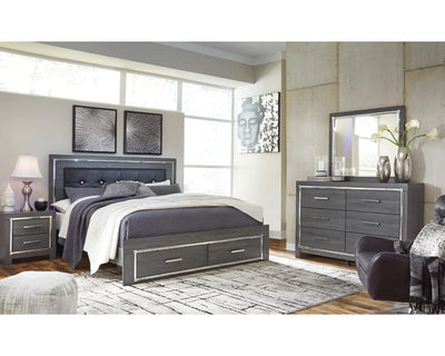 Cama King tapizada con almacenaje, tocador, espejo y mesita de noche Lodanna