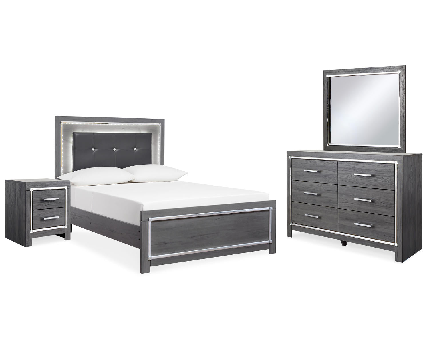 Lodanna Full Upholstered Panel Bed, Dresser, Mirror, and Nightstand