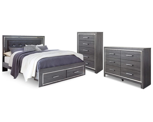 Cama King con almacenaje, cómoda y arcón Lodanna