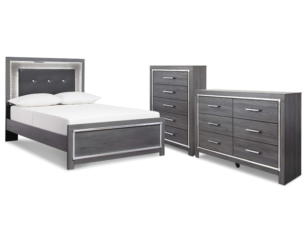 Cama completa con paneles, cómoda y arcón Lodanna