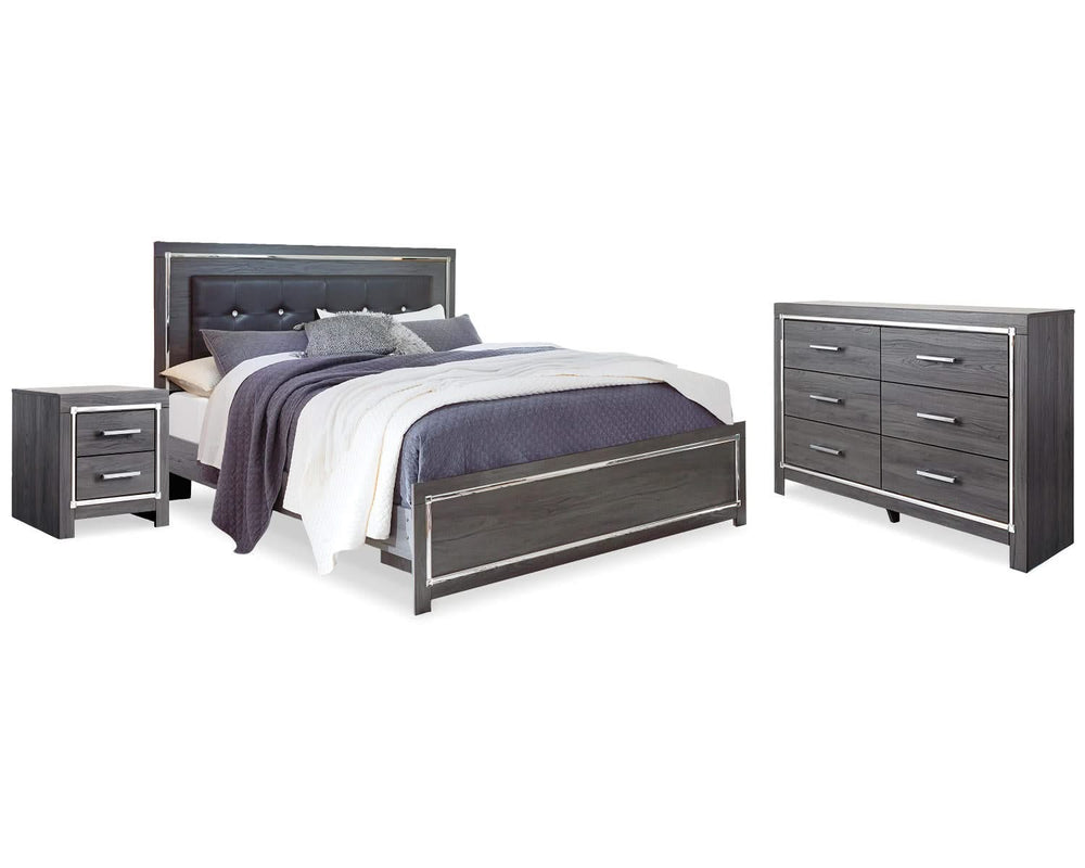 Cama King tapizada con paneles, cómoda y mesita de noche Lodanna