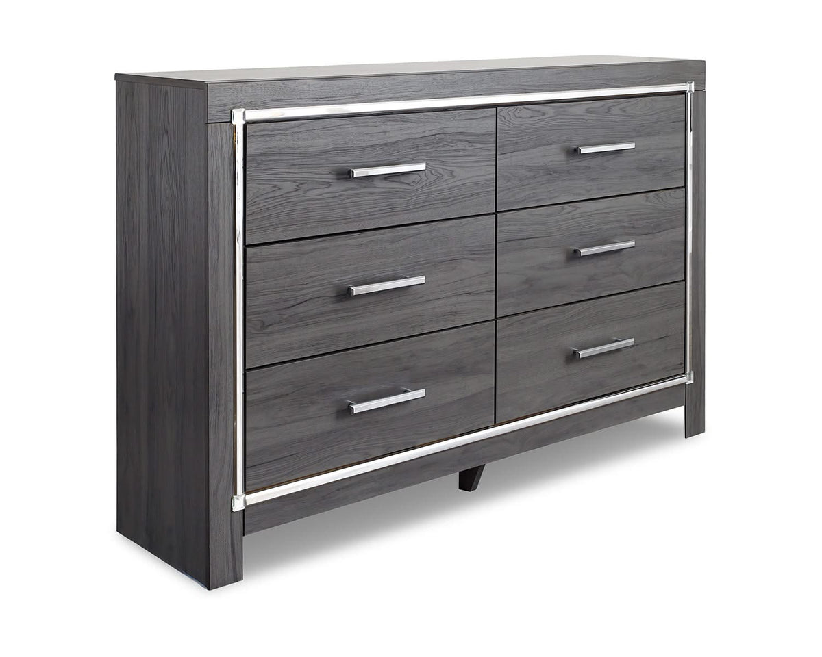 Cama King tapizada con paneles, cómoda y mesita de noche Lodanna