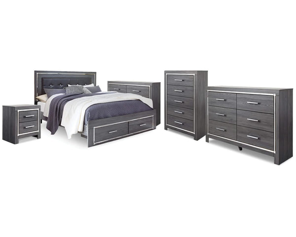 Cama King Lodanna con almacenaje, 2 cómodas, armario y mesita de noche