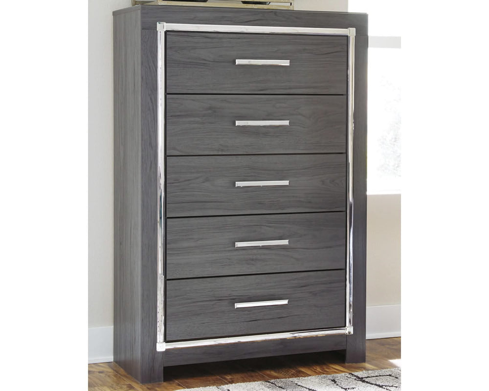 Cama King Lodanna con almacenaje, 2 cómodas y 2 mesitas de noche