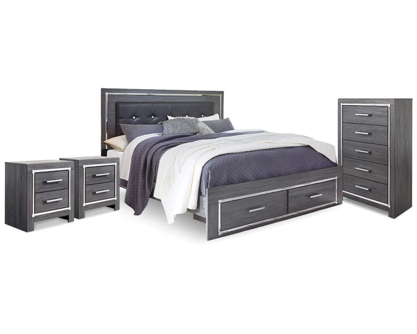 Cama King con almacenaje Lodanna, cómoda y dos mesitas de noche