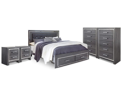 Cama King Lodanna con almacenaje, 2 cómodas y 2 mesitas de noche