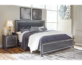 Cama King tapizada con paneles, cómoda y mesita de noche Lodanna