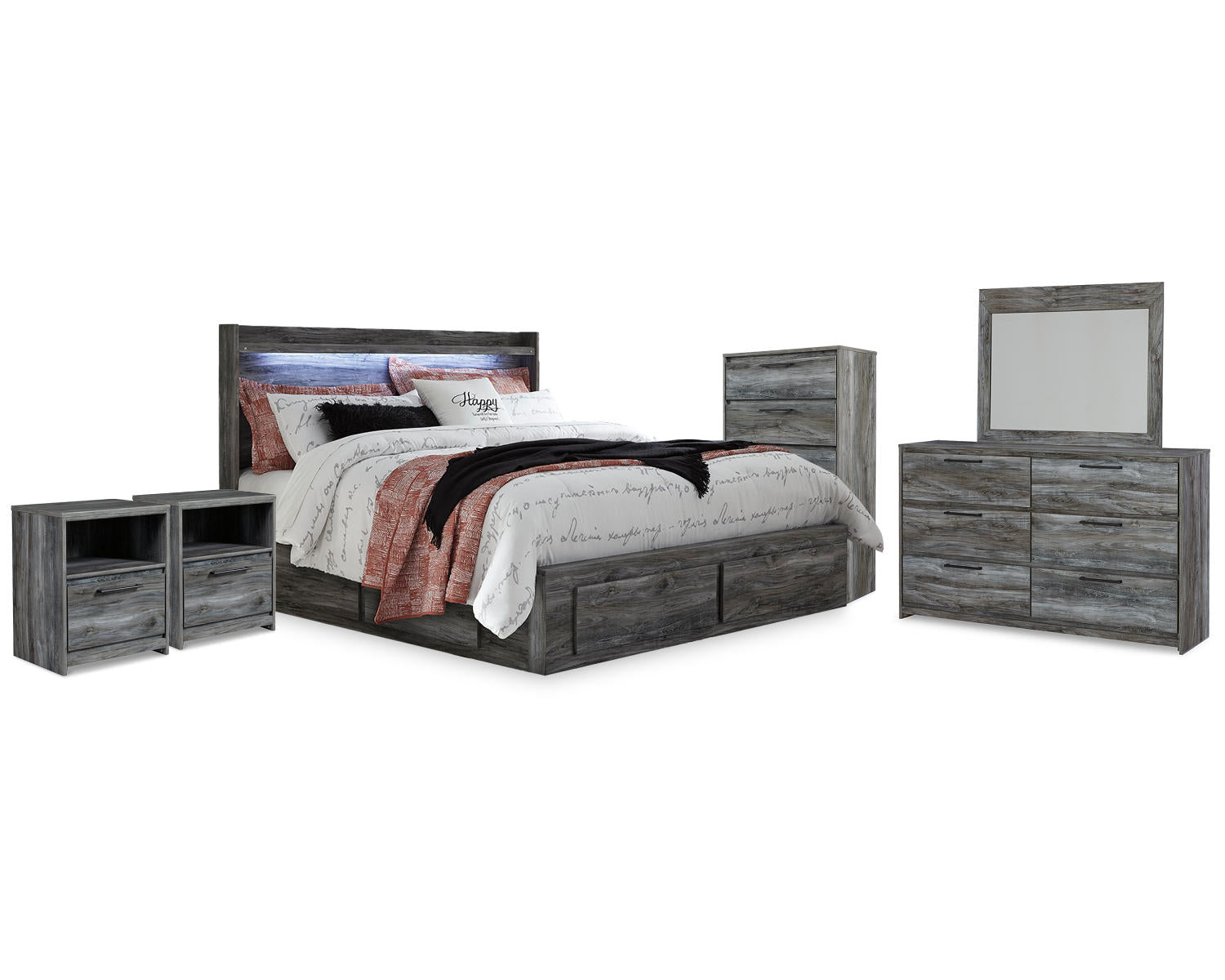 Baystorm King Storage Bed, Dresser, Mirror, Chest and 2 Nightstands