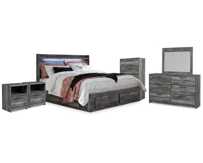 Cama King Baystorm con almacenaje, tocador, espejo, cómoda y dos mesitas de noche
