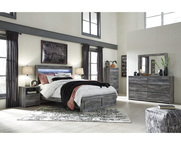 Cama Queen Baystorm con almacenamiento, tocador, espejo, cómoda y dos mesitas de noche