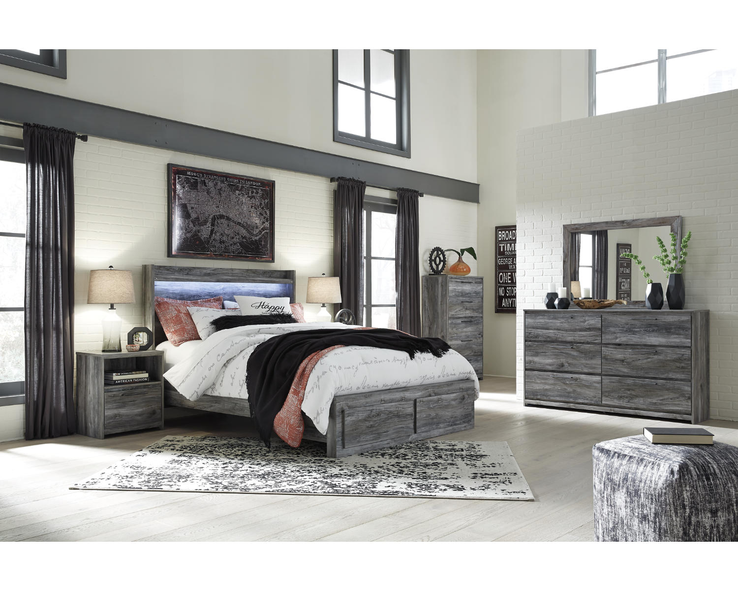 Baystorm Queen Panel Storage Bed, Dresser, Mirror, Chest and 2 Nightstands