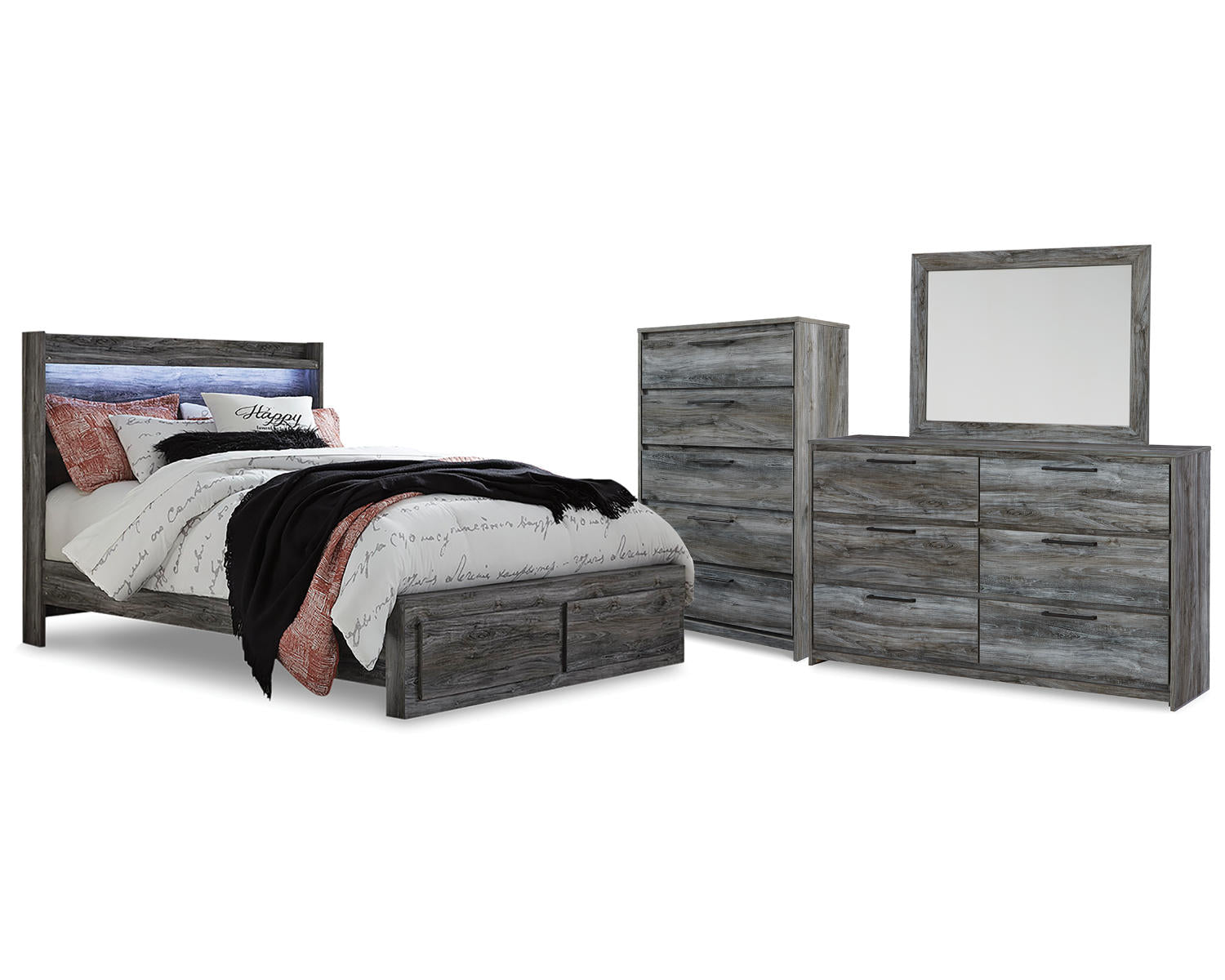 Baystorm Queen Storage Bed, Dresser, Mirror and Chest