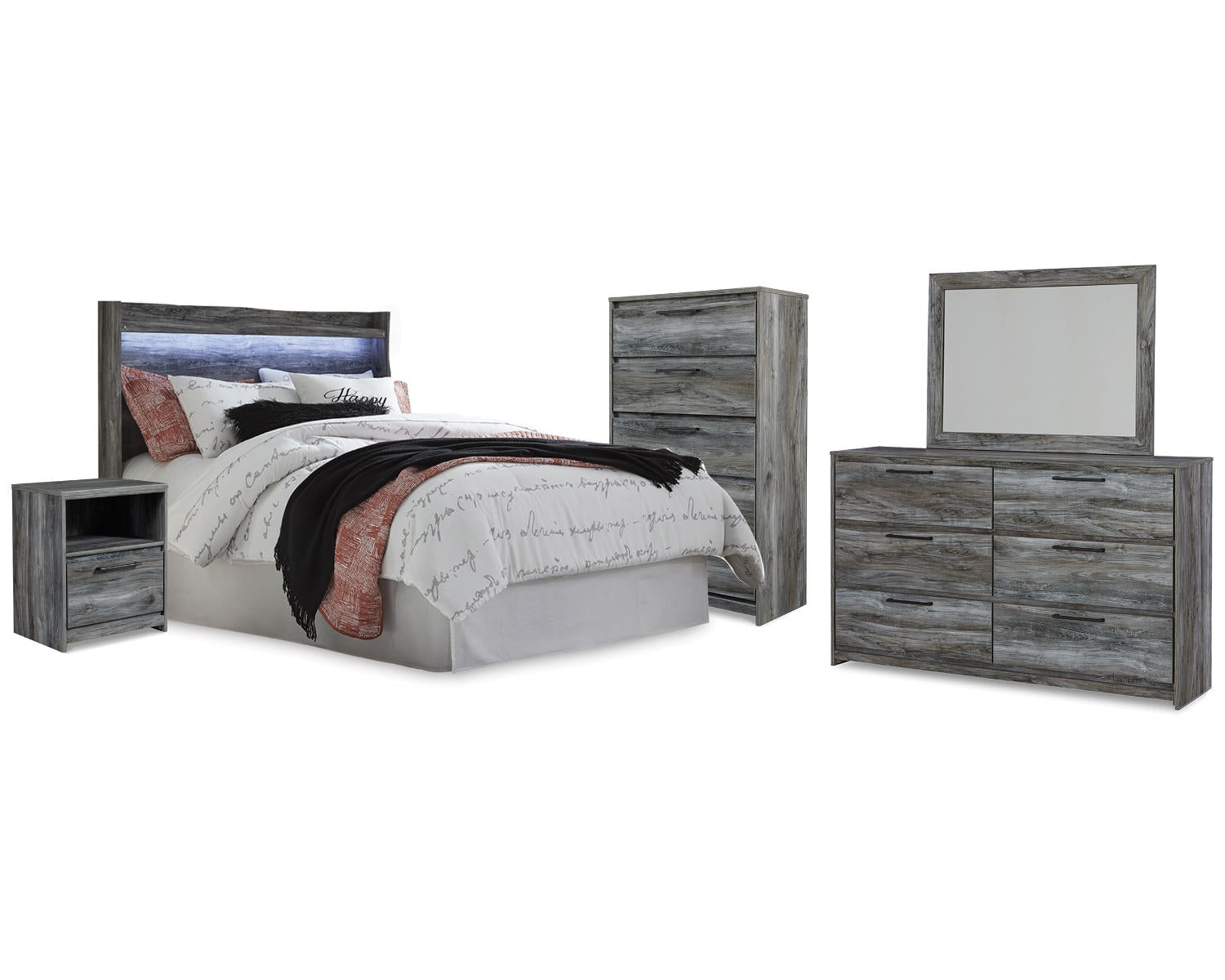 Baystorm Queen Panel Headboard, Dresser, Mirror, Chest and Nightstand