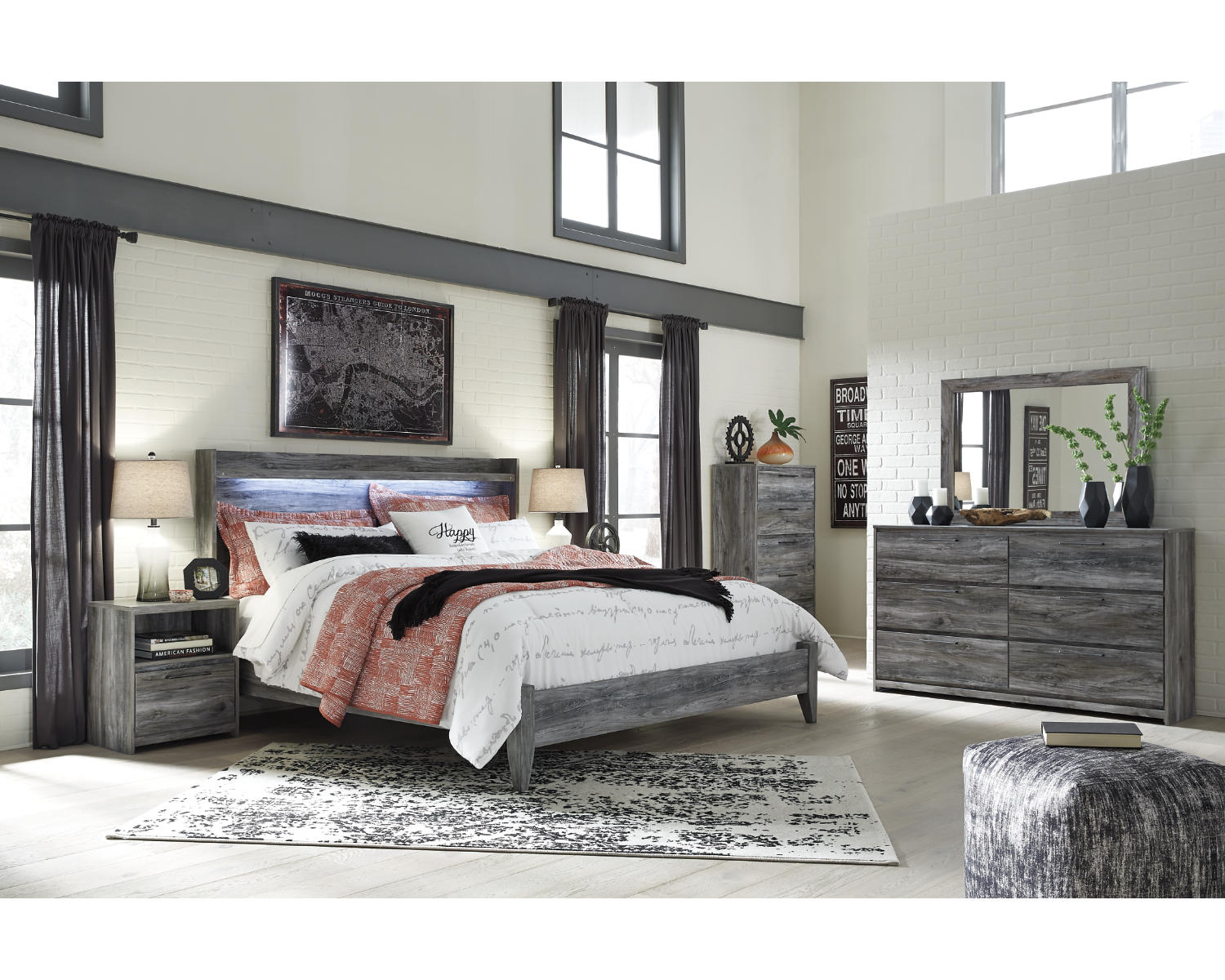 Baystorm King Panel Bed, Dresser, Mirror, Chest and 2 Nightstands