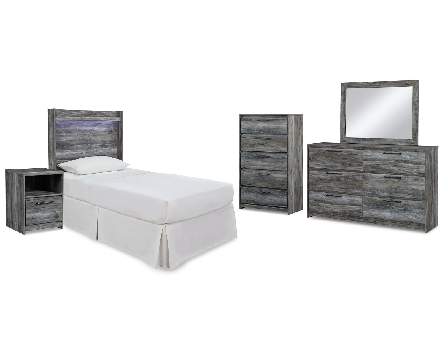 Baystorm Twin Panel Headboard Bed, Dresser, Mirror and Nightstand