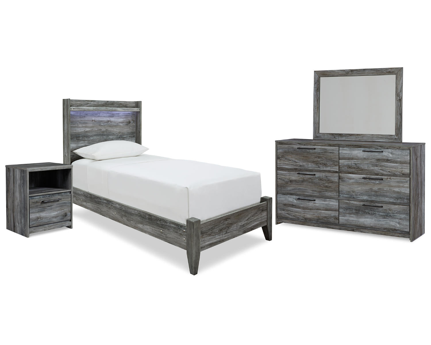 Baystorm Twin Panel Bed, Dresser, Mirror and Nightstand
