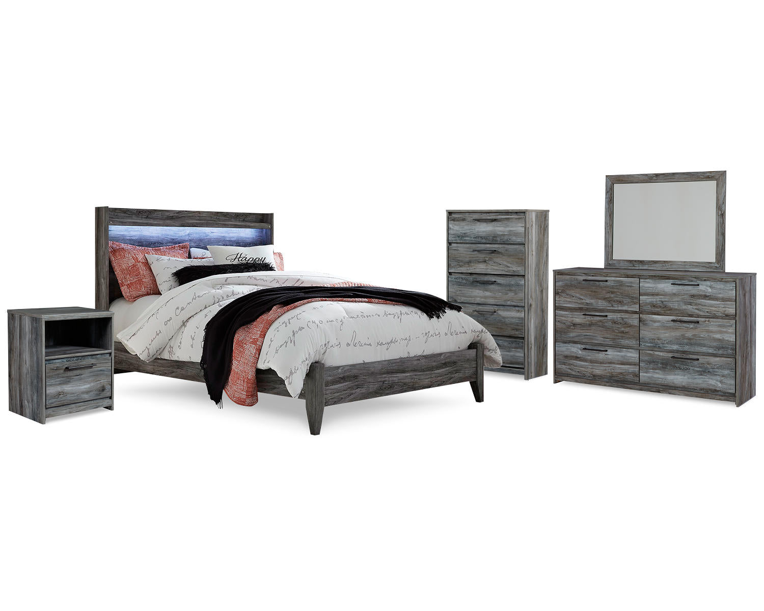 Baystorm Queen Panel Bed, Dresser, Mirror, Chest and Nightstand