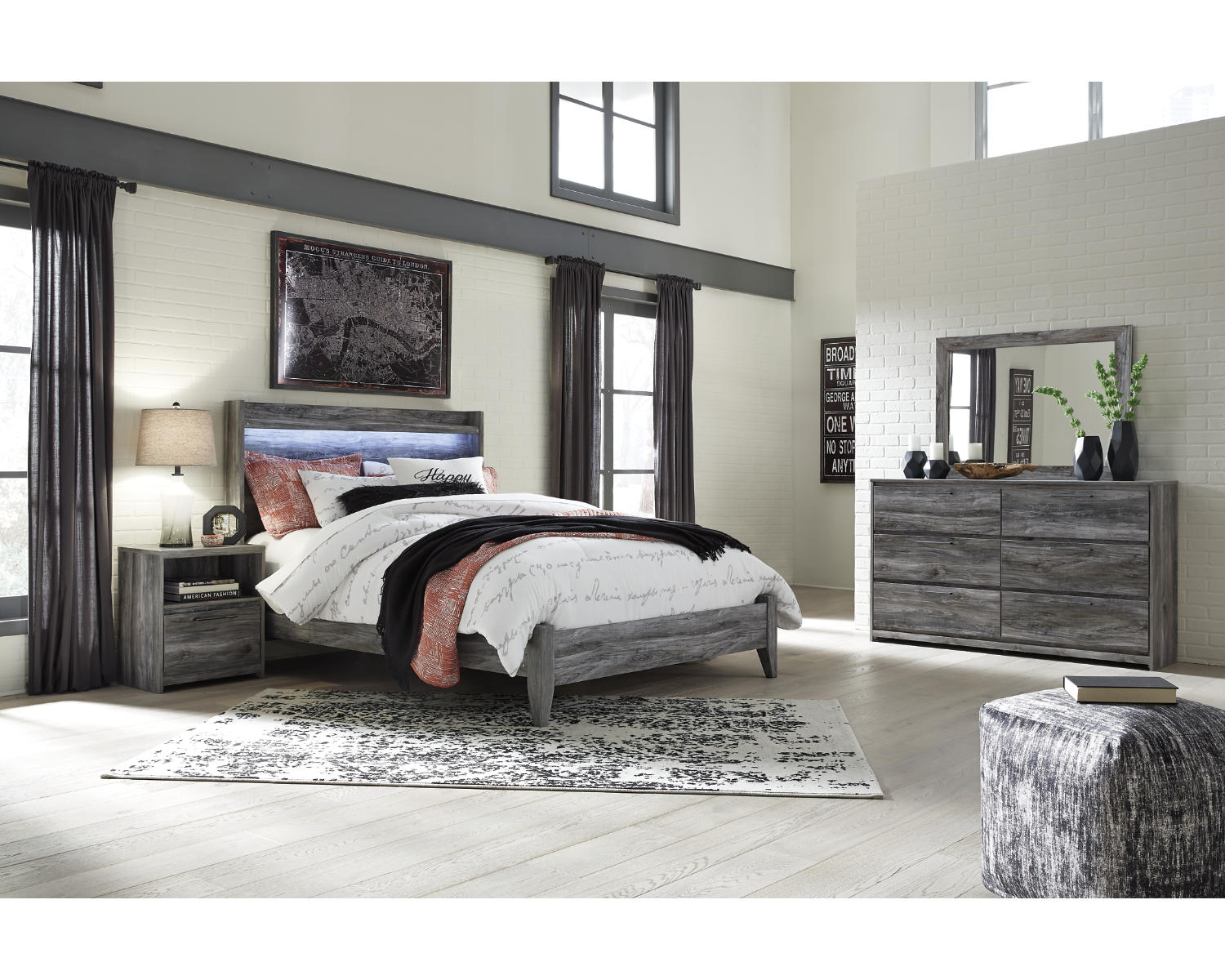 Baystorm Queen Panel Bed, Dresser, Mirror and Nightstand