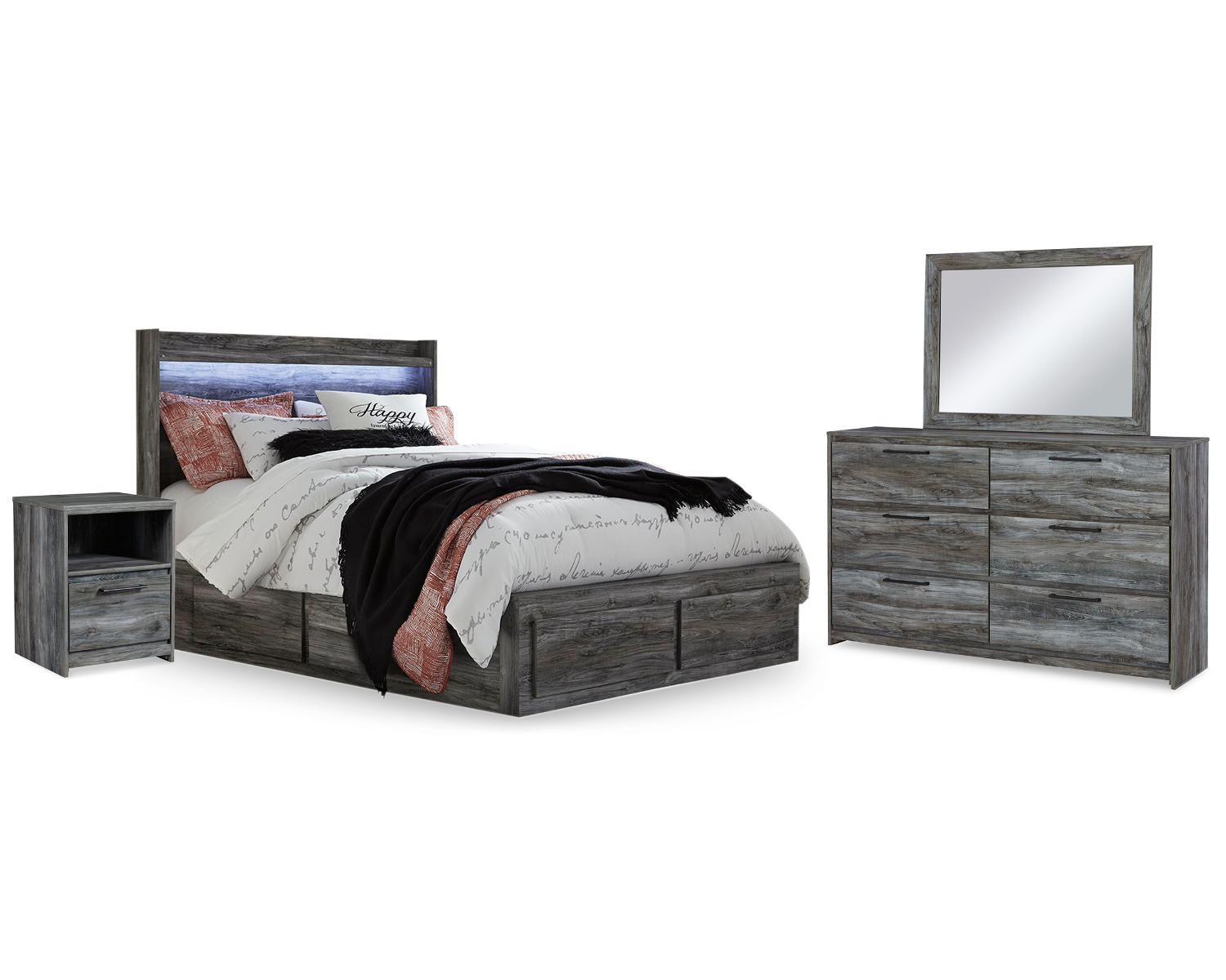 Baystorm Queen Panel Bed with 2 Side Storage, Dresser, Mirror, and Nightstand