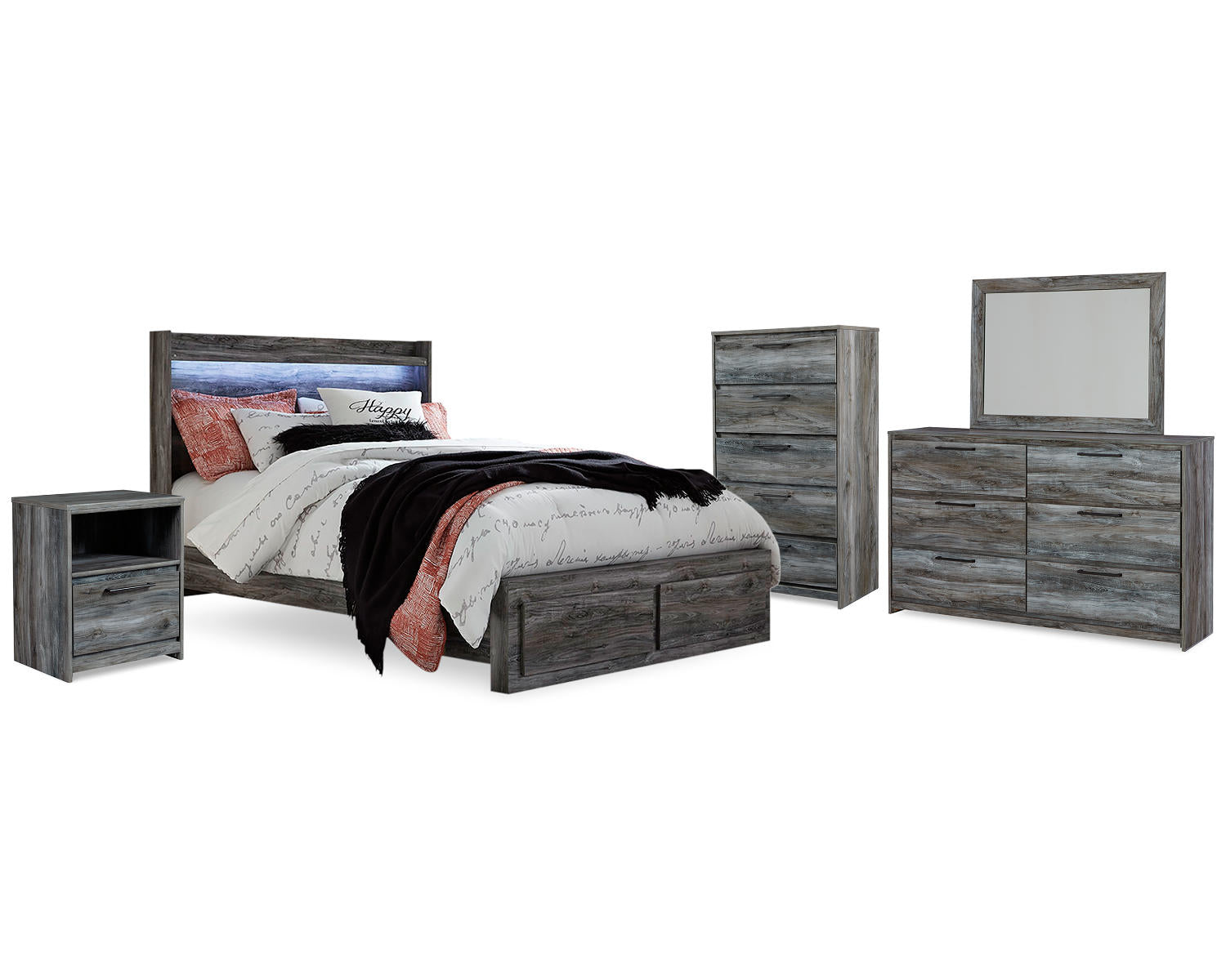 Baystorm Queen Panel Storage Bed, Dresser, Mirror, Chest and 2 Nightstands