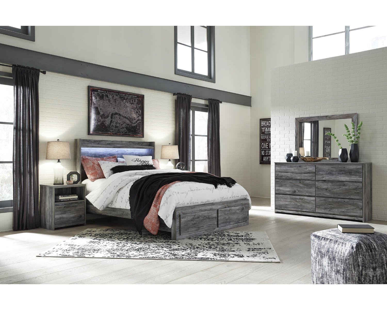 Baystorm Queen Panel Storage Bed with Mirrored Dresser and Nightstand