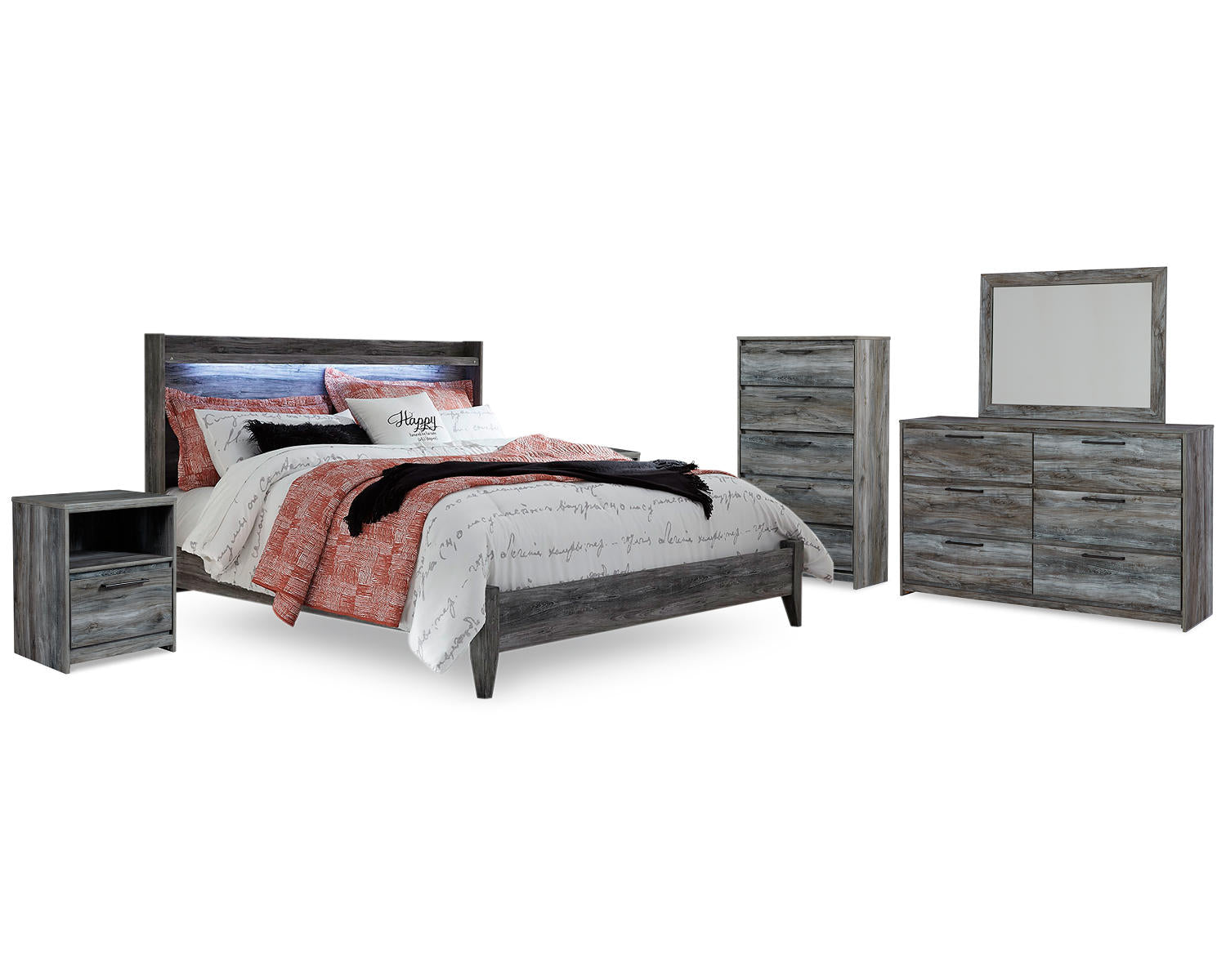 Baystorm King Panel Bed, Dresser, Mirror, Chest and 2 Nightstands