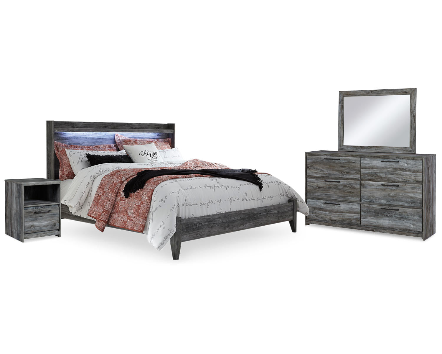 Baystorm King Panel Bed, Dresser, Mirror, and Nightstand