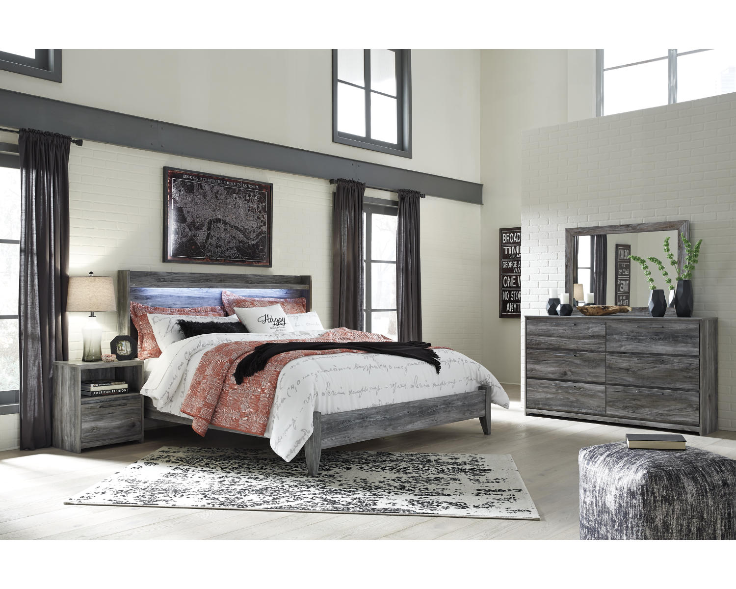 Baystorm King Panel Bed, Dresser, Mirror, and Nightstand