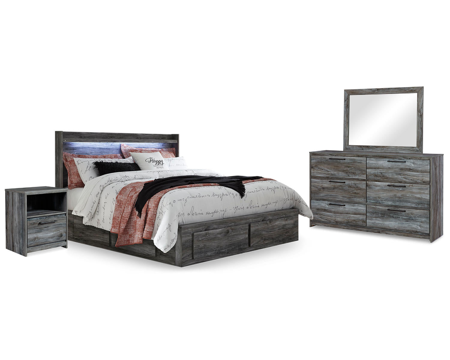 Baystorm King Panel Bed with Storage, Dresser, Mirror and 2 Nightstands