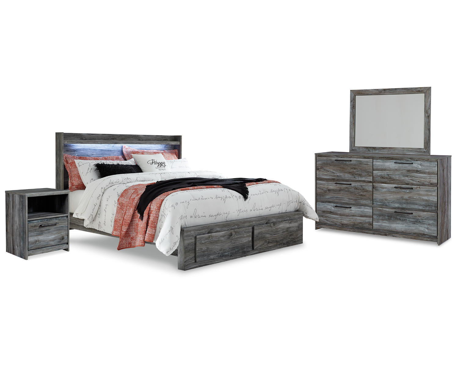 Baystorm King Panel Storage Bed with Mirrored Dresser and Nightstand