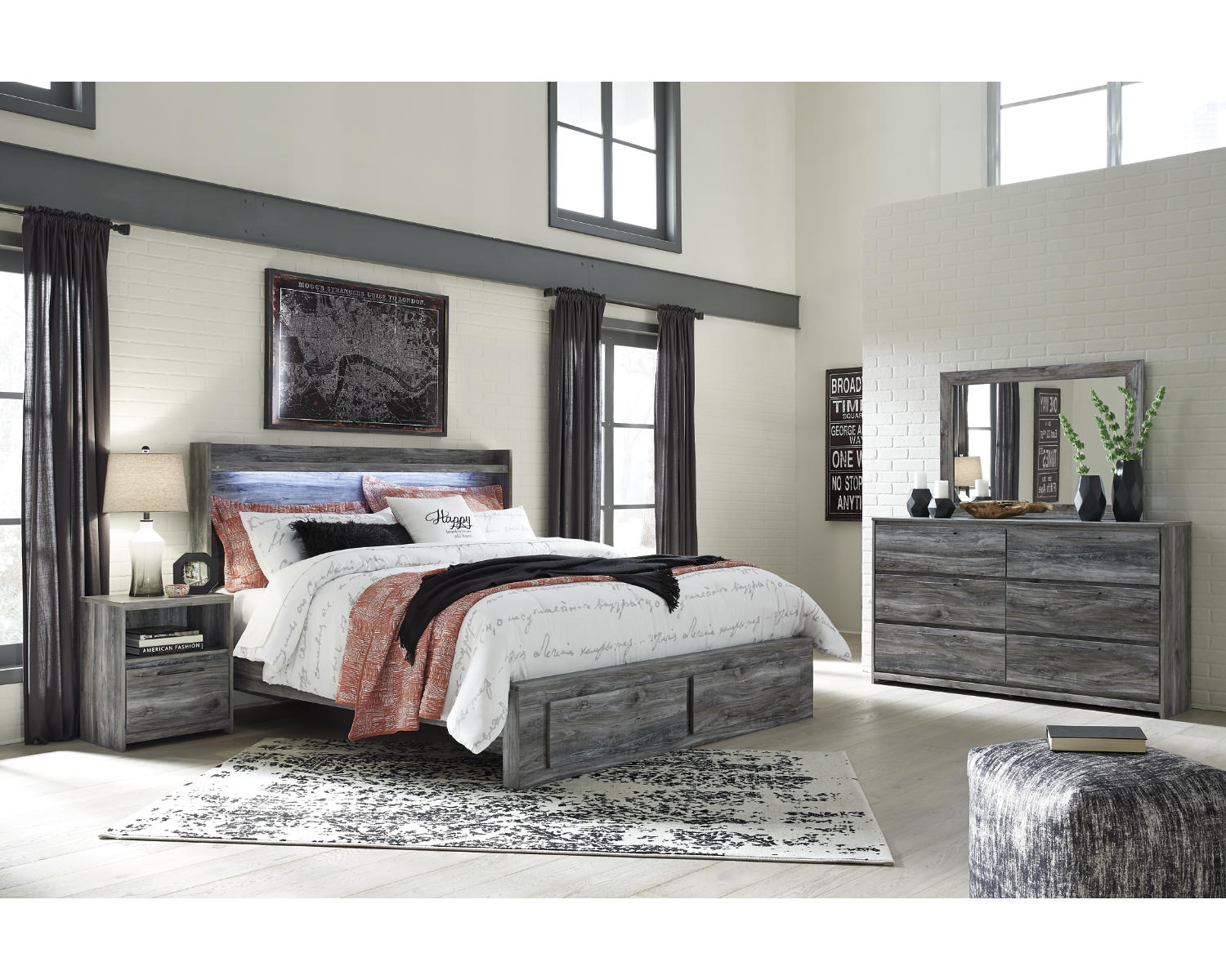Baystorm King Panel Storage Bed with Mirrored Dresser and Nightstand