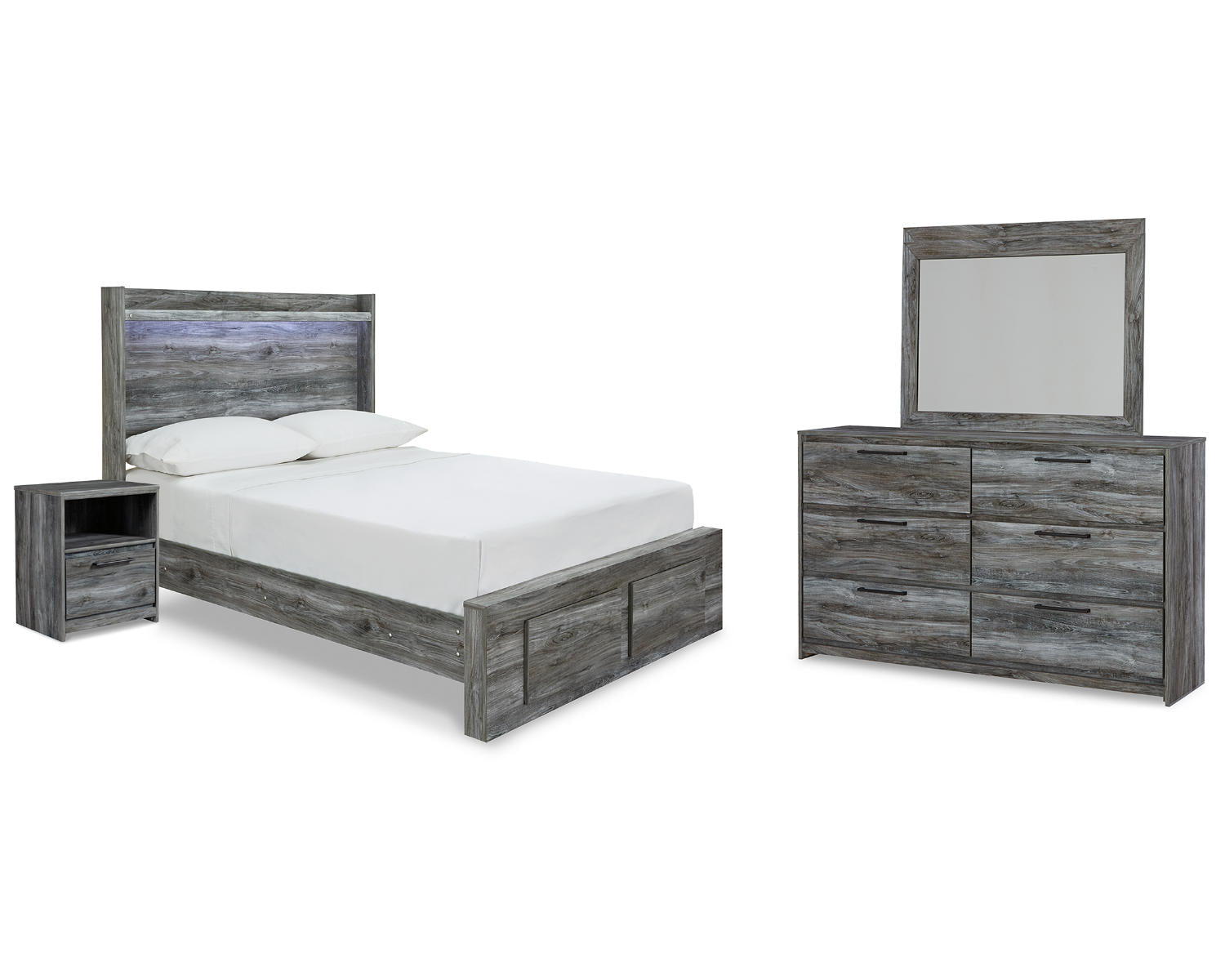 Baystorm Full Storage Bed, Dresser, Mirror and Nightstand