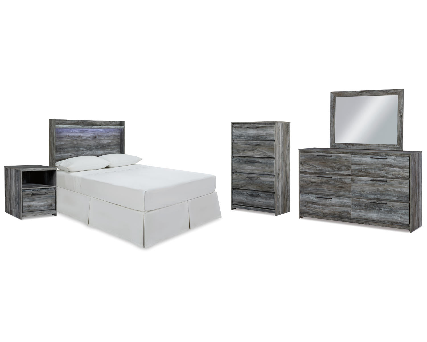 Baystorm Full Panel Headboard Bed. Dresser, Mirror, Chest and Nightstand
