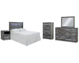 Cabecero de cama Baystorm con paneles completos. Cómoda, espejo, cómoda y mesita de noche.