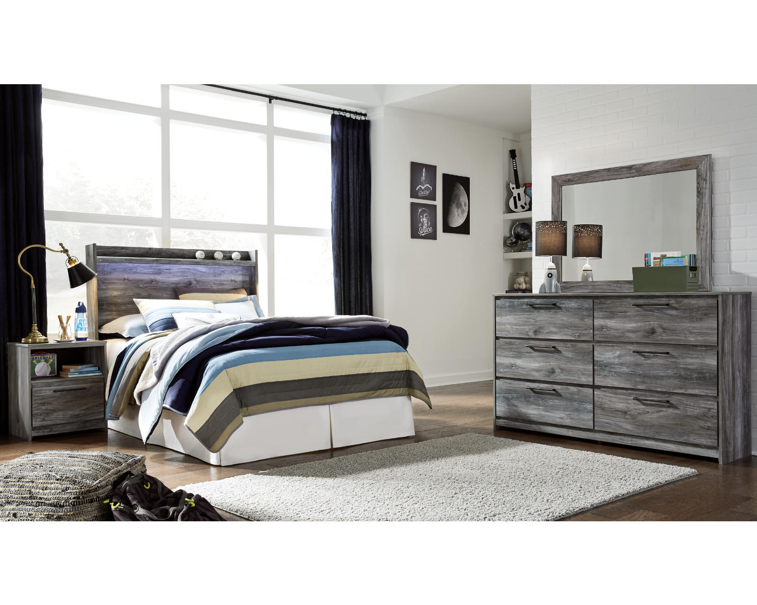 Baystorm Full Panel Bed Headboard, Dresser, Mirror and Nightstand