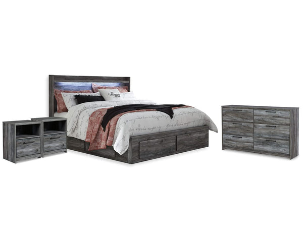 Cama King Baystorm con almacenaje, cómoda y dos mesitas de noche