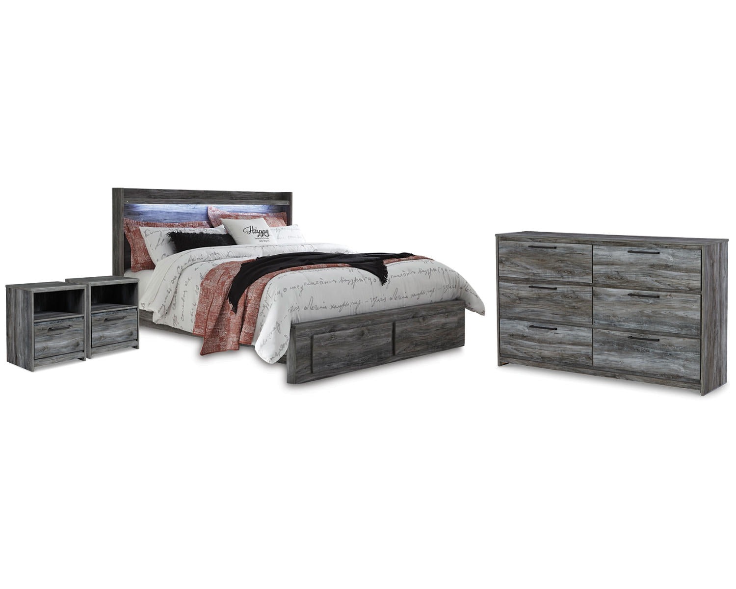 Baystorm King Storage Bed, Dresser and 2 Nightstands