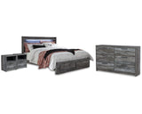 Cama King Baystorm con almacenaje, cómoda y dos mesitas de noche
