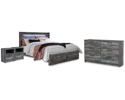 Cama King Baystorm con almacenaje, cómoda y dos mesitas de noche