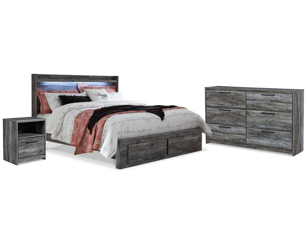 Cama King con almacenamiento, cómoda y mesita de noche Baystorm