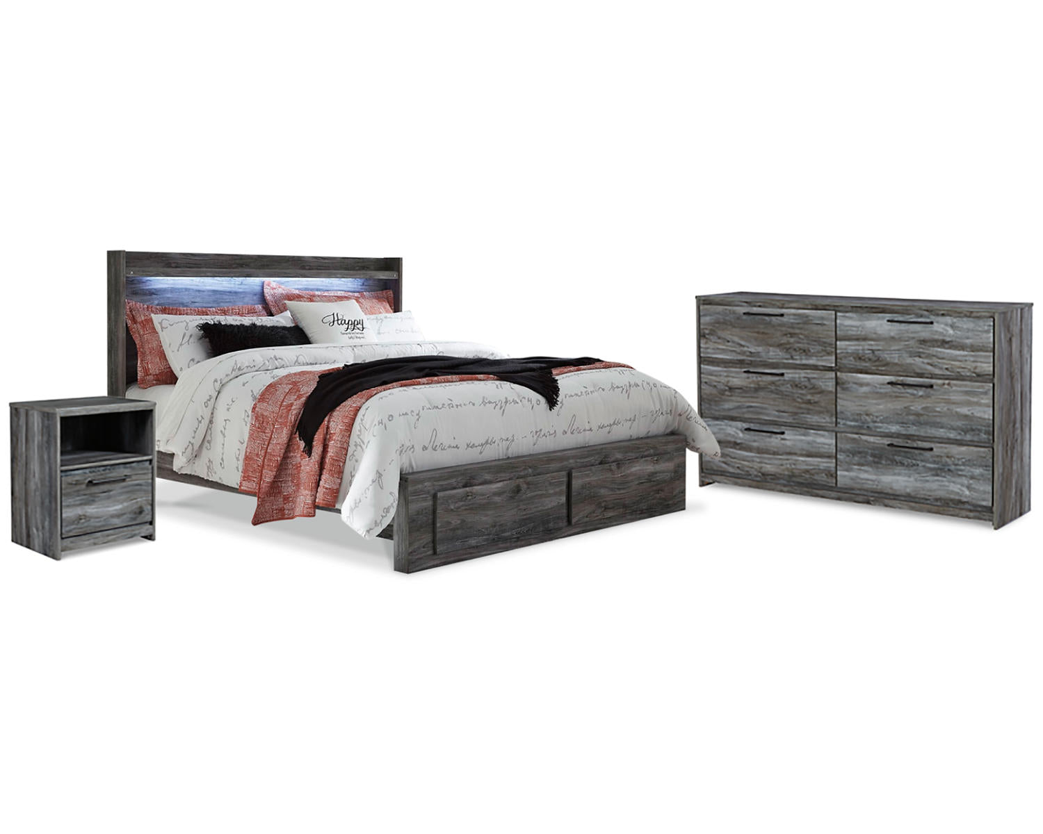 Baystorm King Panel Storage Bed, Dresser and Nightstand